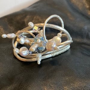 Silver-tone Wire-Wrapped Large Cuff Bracelet with Iridescent/Pearl tone beads